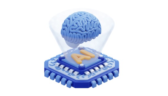 3D rendered brain floating above an AI processor chip, representing the fusion of biological intelligence with computational power